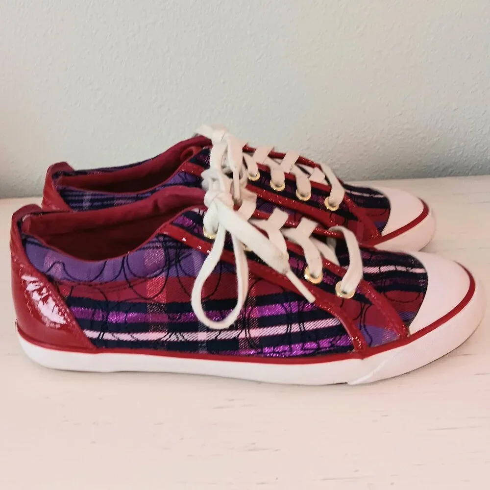 EUC ~ COACH BARRETT SIGNATURE WOMEN'S BERRY MULTI PLAID SNEAKERS ~ SIZE 7 - Picture 2 of 6